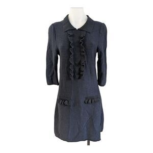 Aldo Martins Size Medium Ruffle Sweater Shift Dress Black Blue 3/4 Sleeves